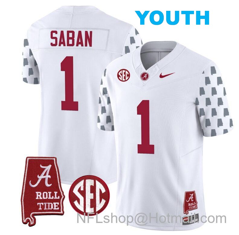 Nike Youth Nick Saban Jersey #1 Alabama Crimson Tide Vapor College Football Limited Stitched White