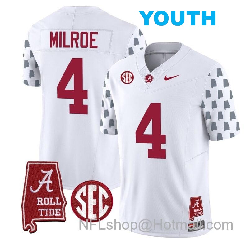 Nike Youth Jalen Milroe Jersey #4 Alabama Crimson Tide Vapor College Football Limited Stitched White