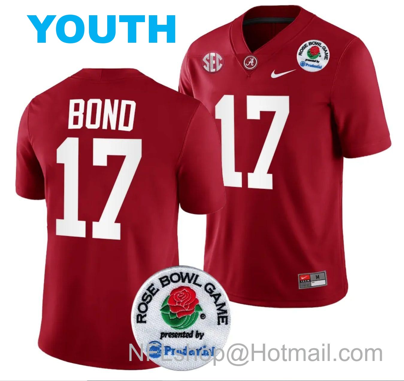 Nike Youth Isaiah Bond Jersey #17 Alabama Crimson Tide Rose Bowl Game 2024 Patch College Football Playoff Crimson