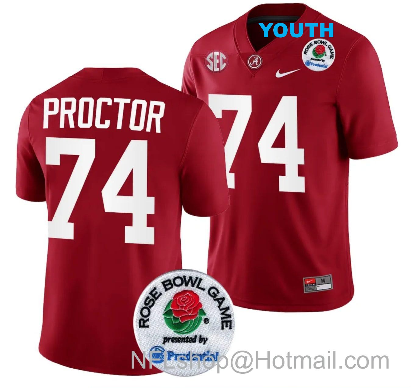 Nike Youth Kadyn Proctor Jersey #74 Alabama Crimson Tide Rose Bowl Game 2024 Patch College Football Playoff Crimson