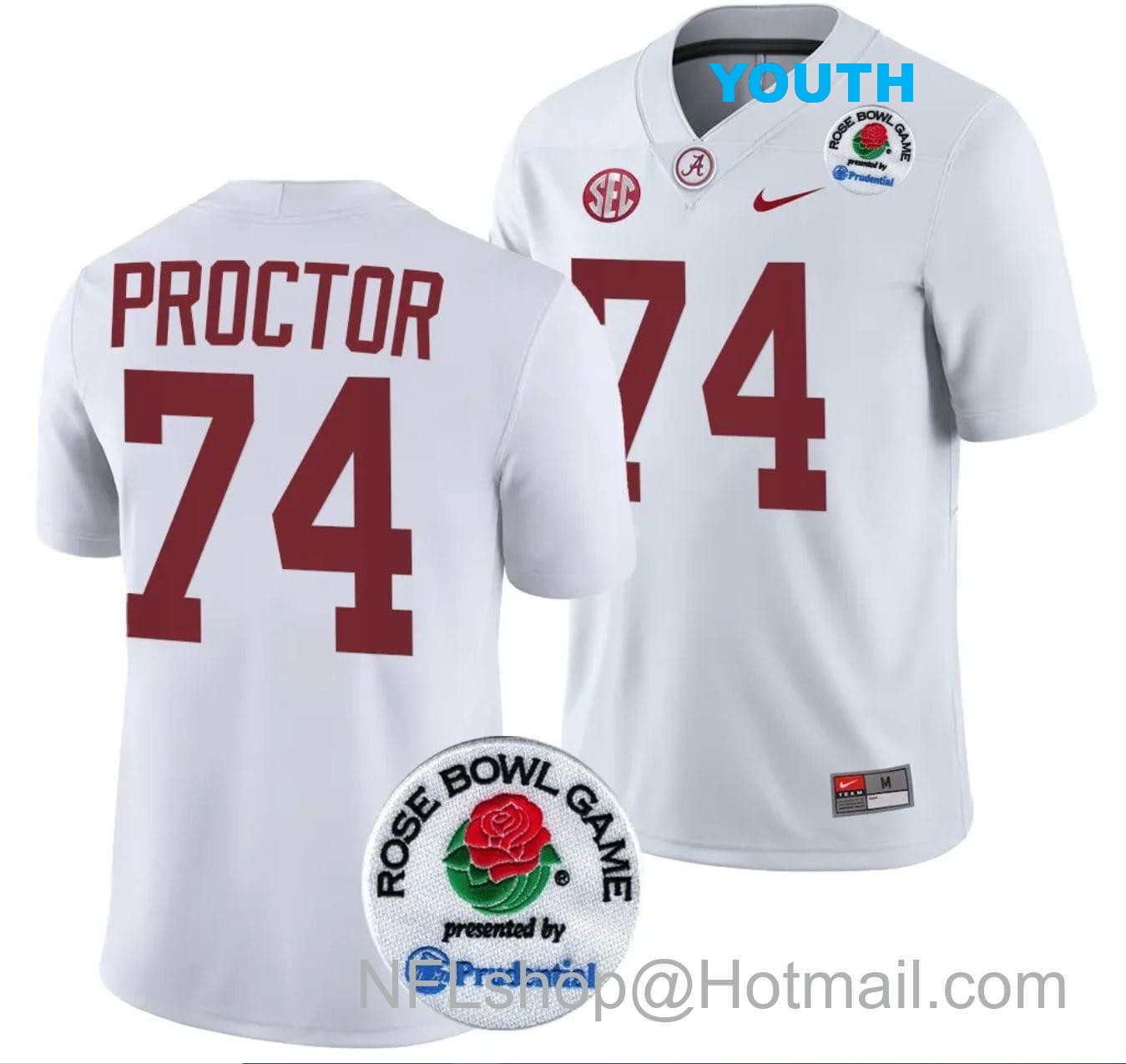 Nike Youth Kadyn Proctor Jersey #74 Alabama Crimson Tide Rose Bowl Game 2024 Patch College Football Playoff White