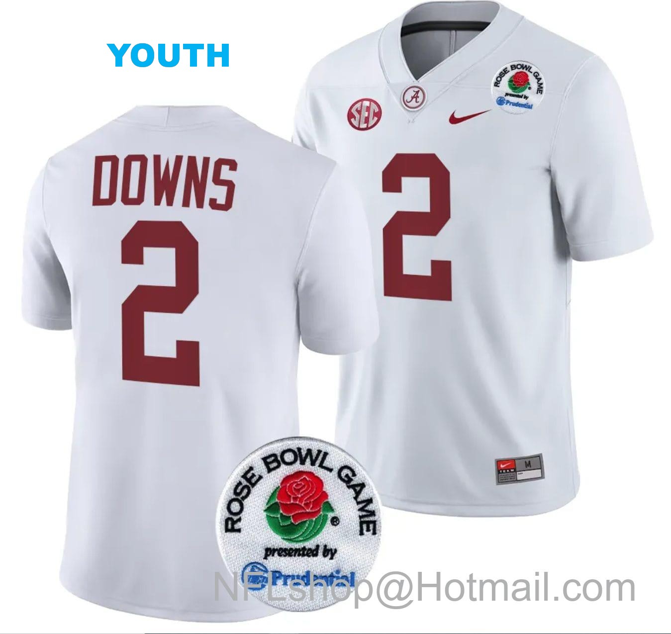 Nike Youth Caleb Downs Jersey #2 Alabama Crimson Tide Rose Bowl Game 2024 Patch College Football Playoff White