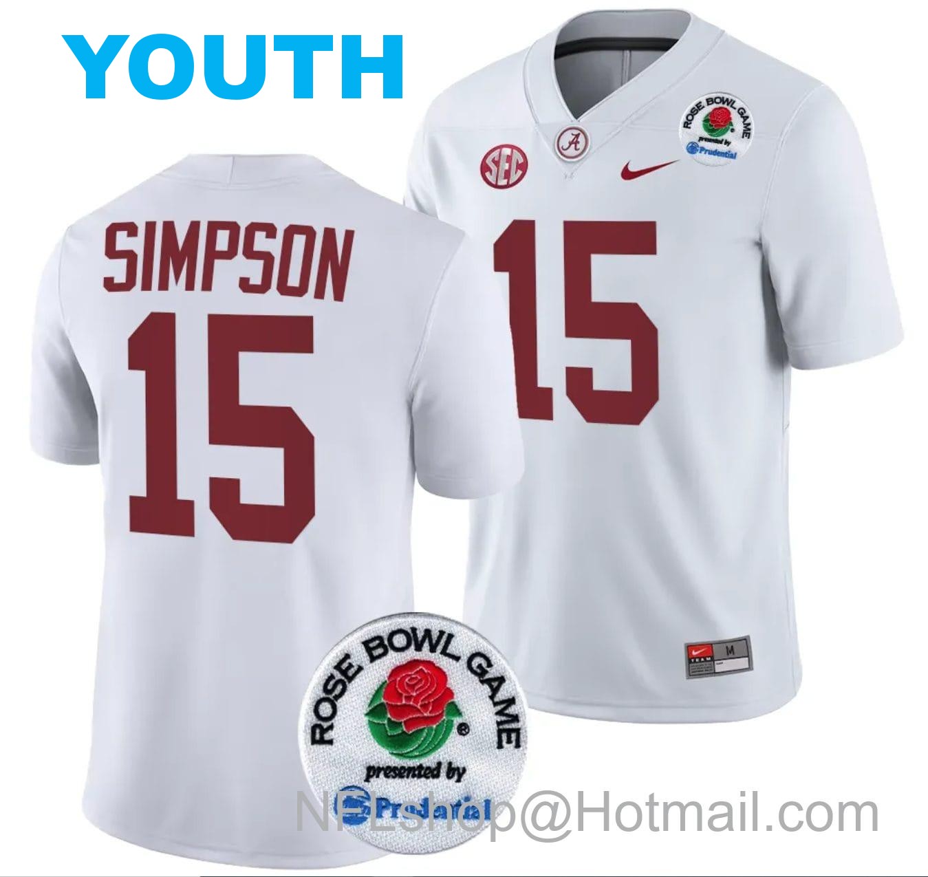 Nike Youth Ty Simpson Jersey #15 Alabama Crimson Tide Rose Bowl Game 2024 Patch College Football Playoff White