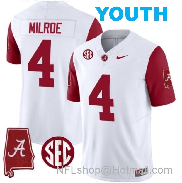 Nike Youth Jalen Milroe Jersey #4 Alabama Crimson Tide Vapor Stitched Football Alabama Map Crimson Sleeves