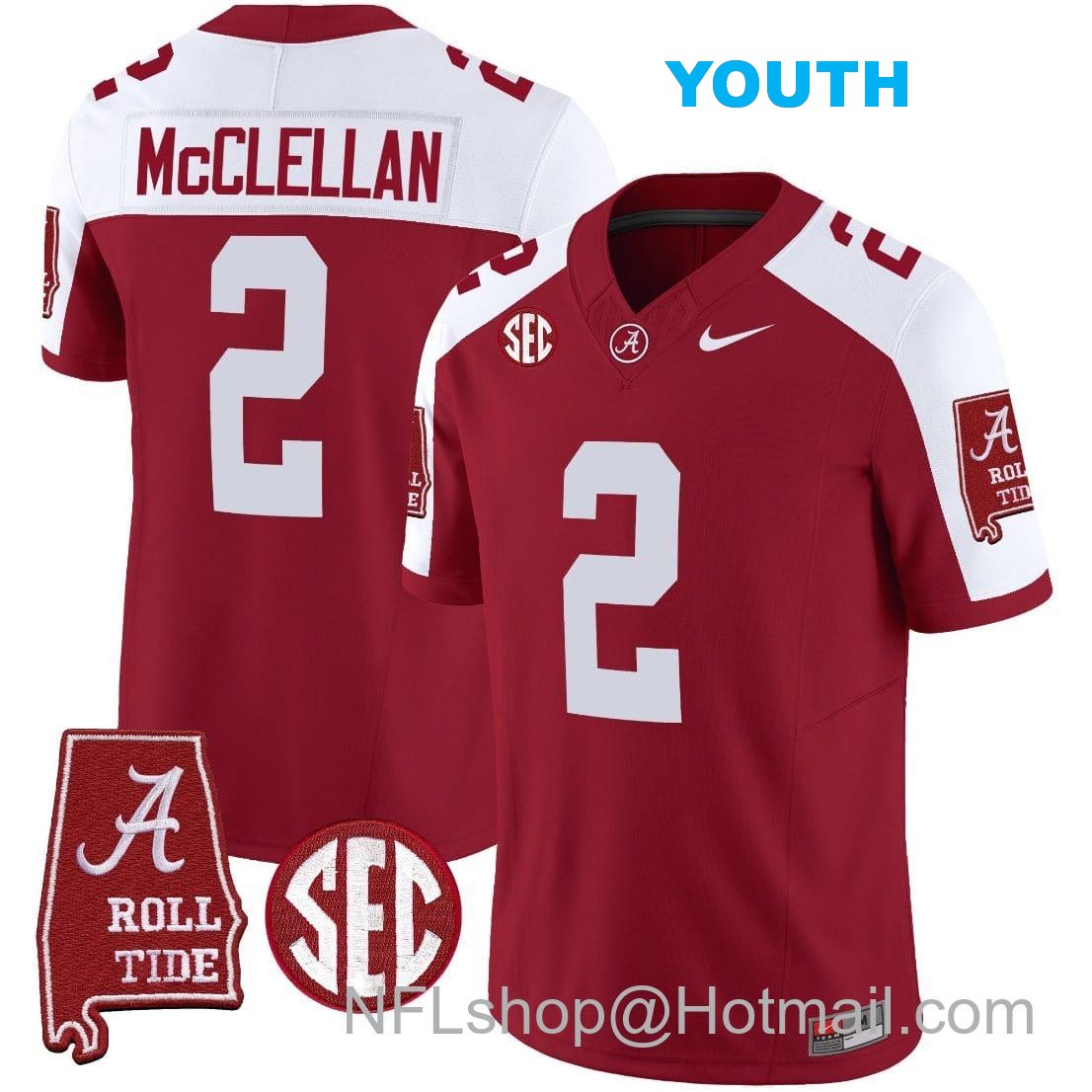 Nike Youth Jase McClellan Jersey #2 Alabama Crimson Tide Vapor Limited Football Alabama Map Crimson Alternate