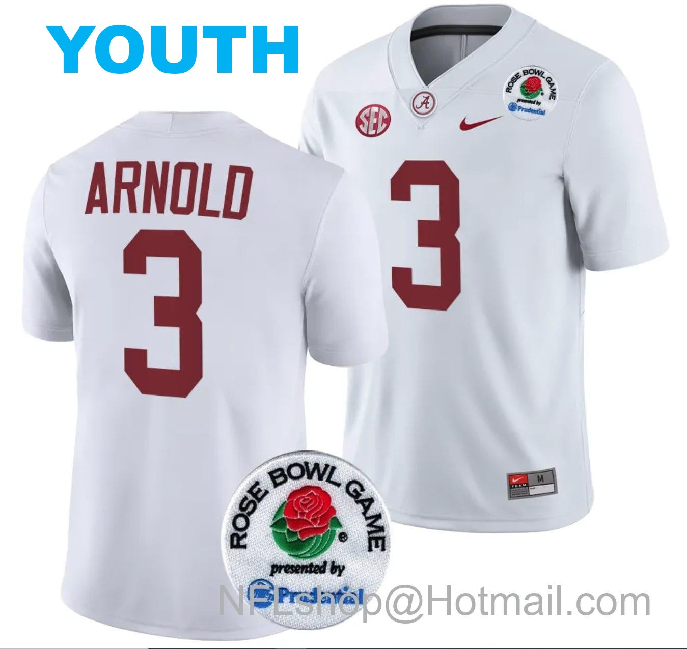 Nike Youth Terrion Arnold Jersey #3 Alabama Crimson Tide Rose Bowl Game 2024 Patch College Football Playoff White