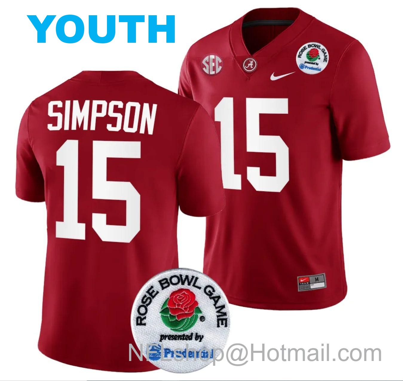 Nike Youth Ty Simpson Jersey #15 Alabama Crimson Tide Rose Bowl Game 2024 Patch College Football Playoff Crimson