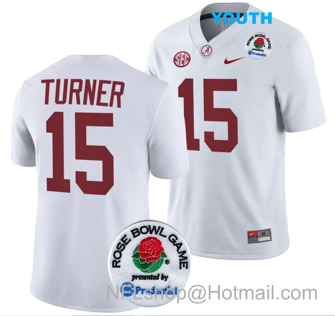 Nike Youth Dallas Turner Jersey #15 Alabama Crimson Tide Rose Bowl Game 2024 Patch College Football Playoff White