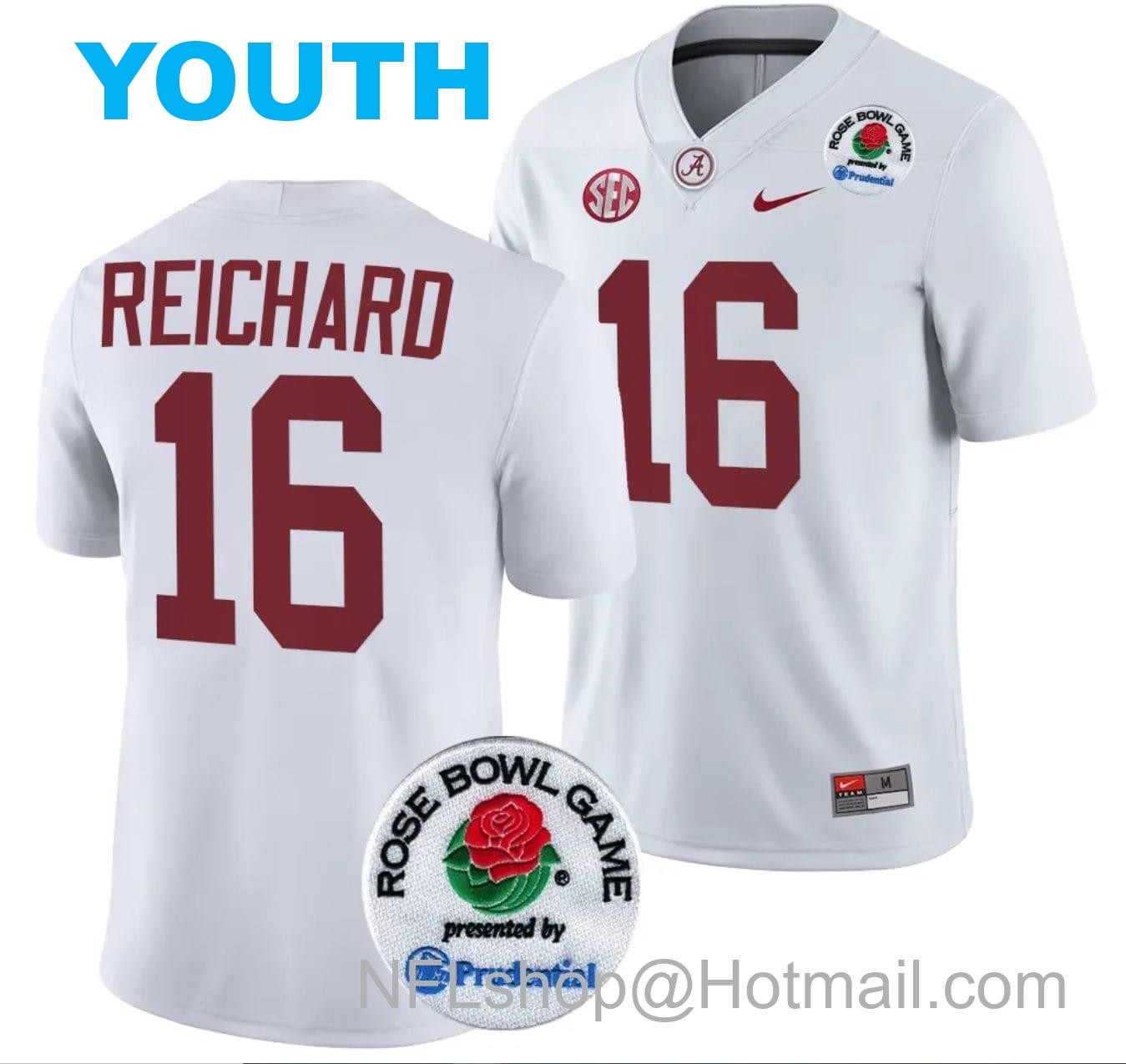 Nike Youth Will Reichard Jersey #16 Alabama Crimson Tide Rose Bowl Game 2024 Patch College Football Playoff White