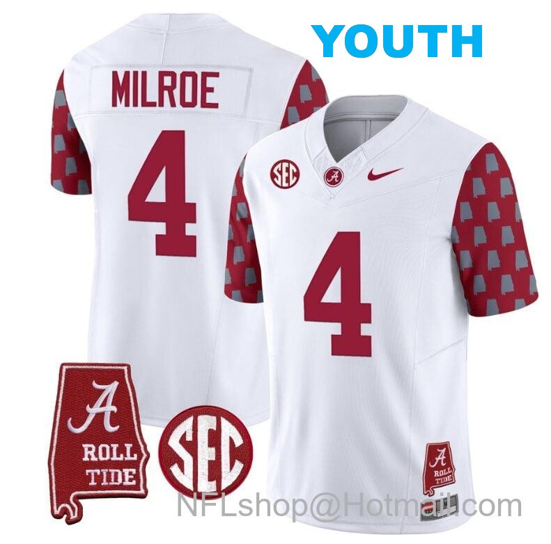 Nike Youth Jalen Milroe Jersey #4 Alabama Crimson Tide Vapor College Football Limited Stitched Crimson Sleeves