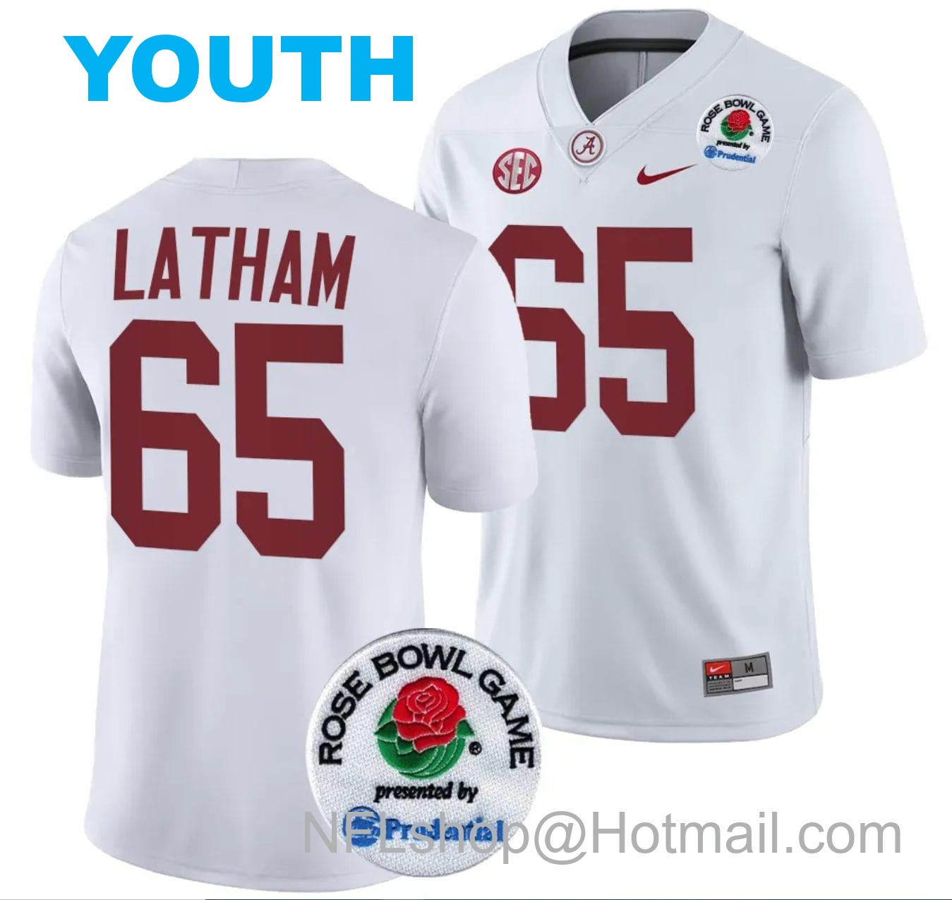 Nike Youth JC Latham Jersey #65 Alabama Crimson Tide Rose Bowl Game 2024 Patch College Football Playoff White