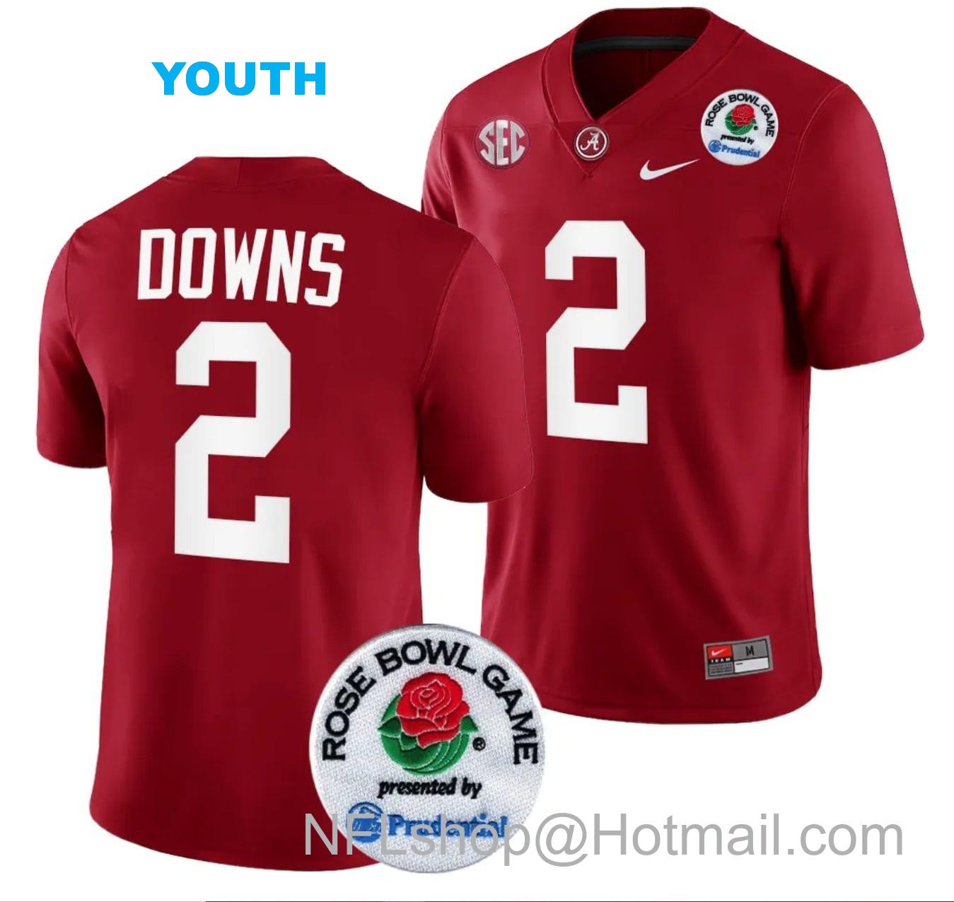 Nike Youth Caleb Downs Jersey #2 Alabama Crimson Tide Rose Bowl Game 2024 Patch College Football Playoff Crimson