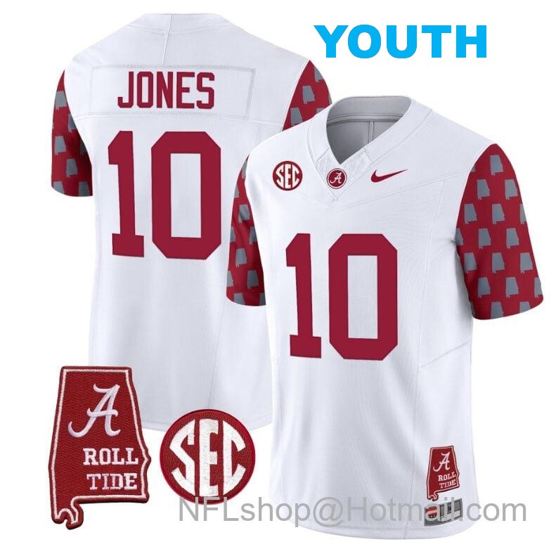 Nike Youth Mac Jones Jersey #10 Alabama Crimson Tide Vapor College Football Limited Stitched Crimson Sleeves