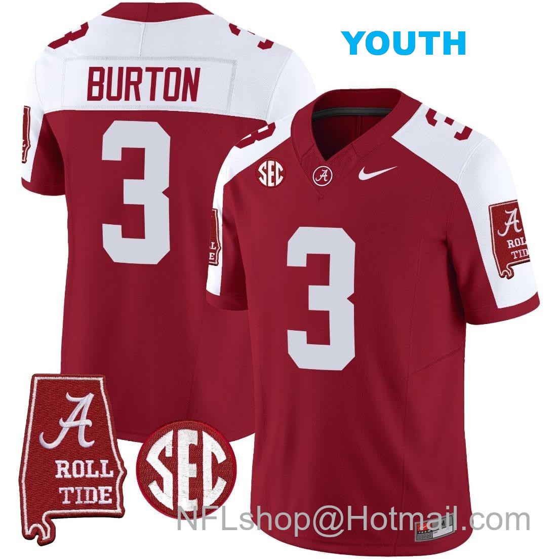 Nike Youth Jermaine Burton Jersey #3 Alabama Crimson Tide Vapor Limited Football Alabama Map Crimson Alternate