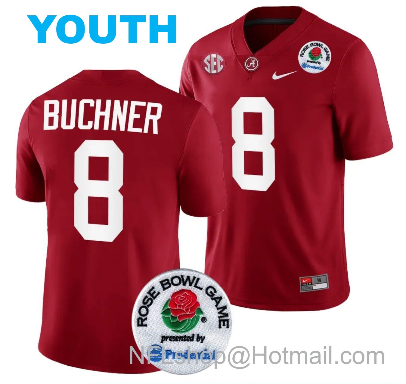 Nike Youth Tyler Buchner Jersey #8 Alabama Crimson Tide Rose Bowl Game 2024 Patch College Football Playoff Crimson