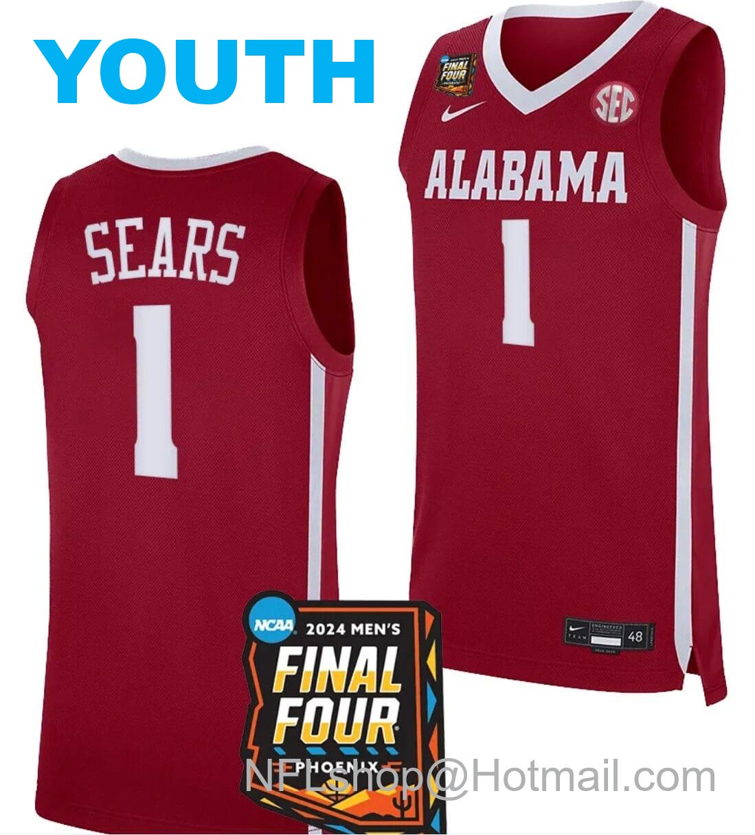 Nike Youth Mark Sears Jersey #1 Alabama Crimson Tide 2024 NCAA March Madness Final Four Basketball Crimson