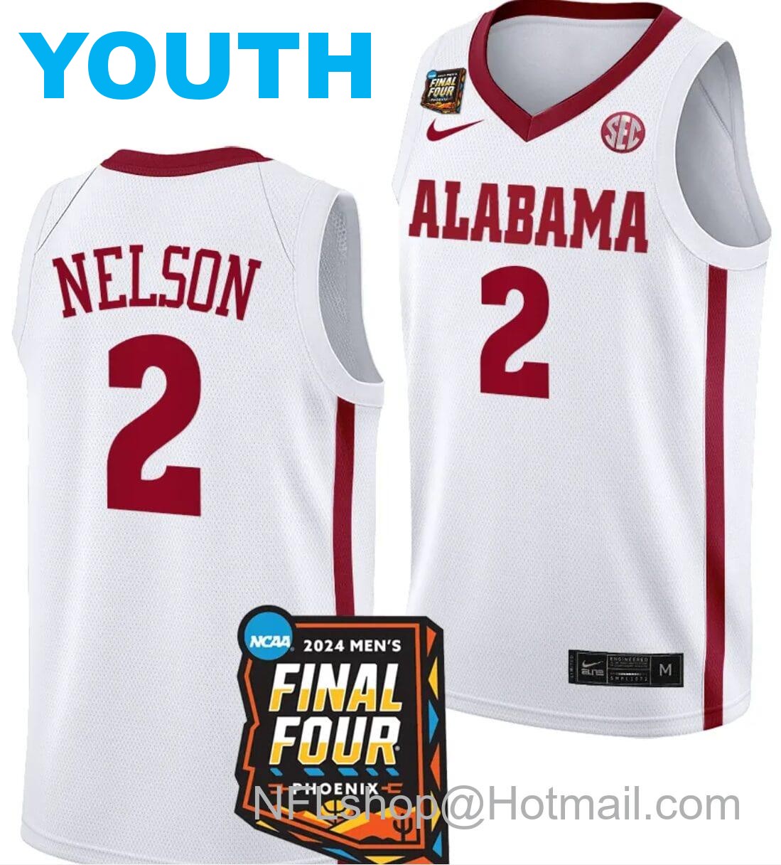 Nike Youth Grant Nelson Jersey #2 Alabama Crimson Tide 2024 NCAA March Madness Final Four Basketball White