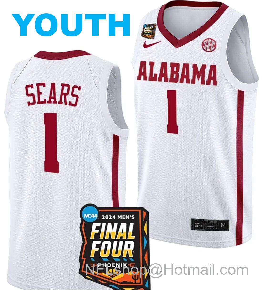 Nike Youth Mark Sears Jersey #1 Alabama Crimson Tide 2024 NCAA March Madness Final Four Basketball White