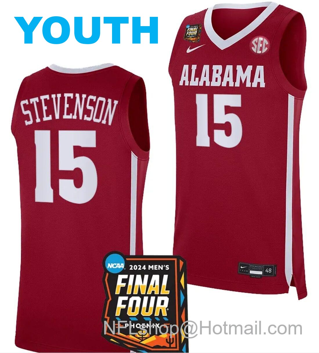 Nike Youth Jarin Stevenson Jersey #15 Alabama Crimson Tide 2024 NCAA March Madness Final Four Basketball Crimson