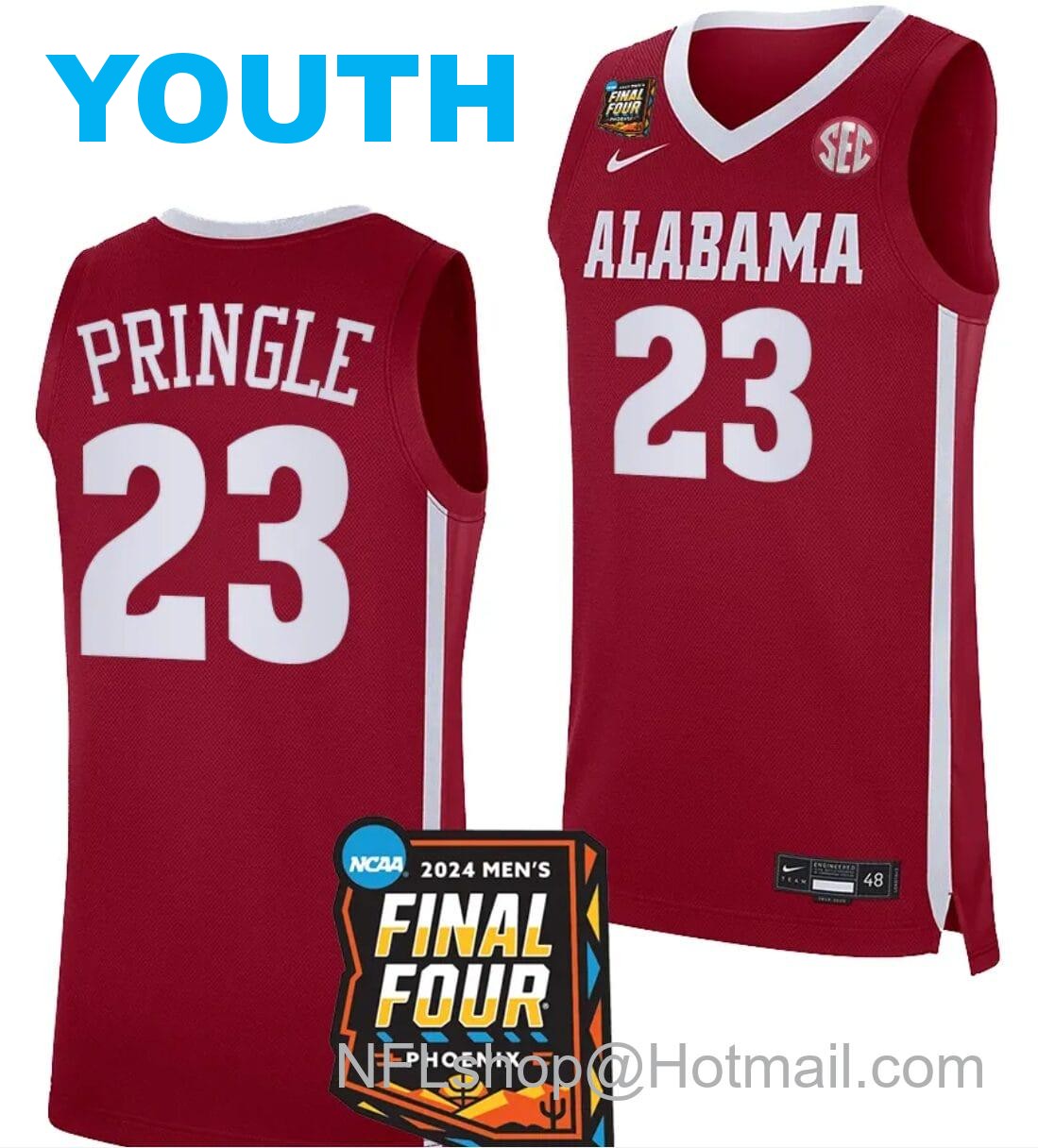 Nike Youth Nick Pringle Jersey #23 Alabama Crimson Tide 2024 NCAA March Madness Final Four Basketball Crimson