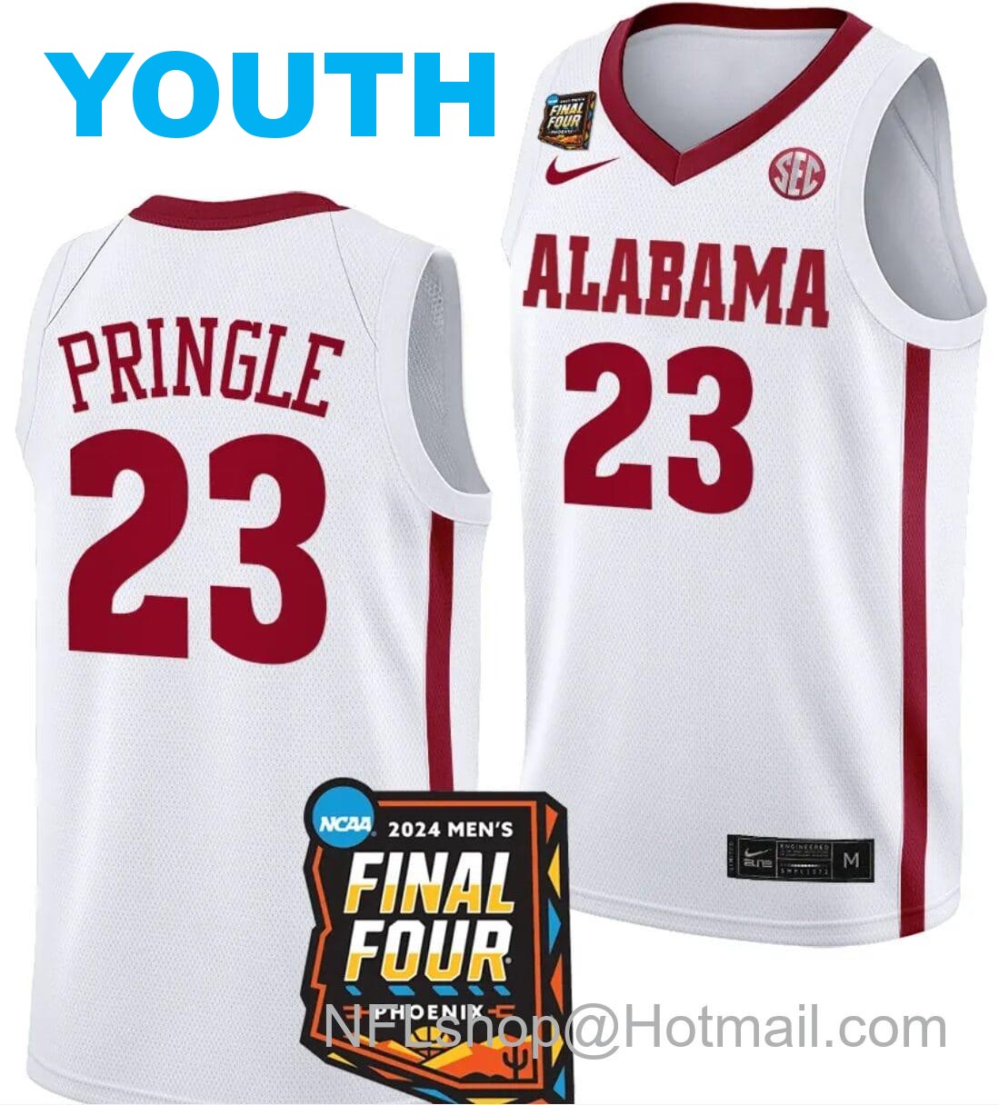 Nike Youth Nick Pringle Jersey #23 Alabama Crimson Tide 2024 NCAA March Madness Final Four Basketball White