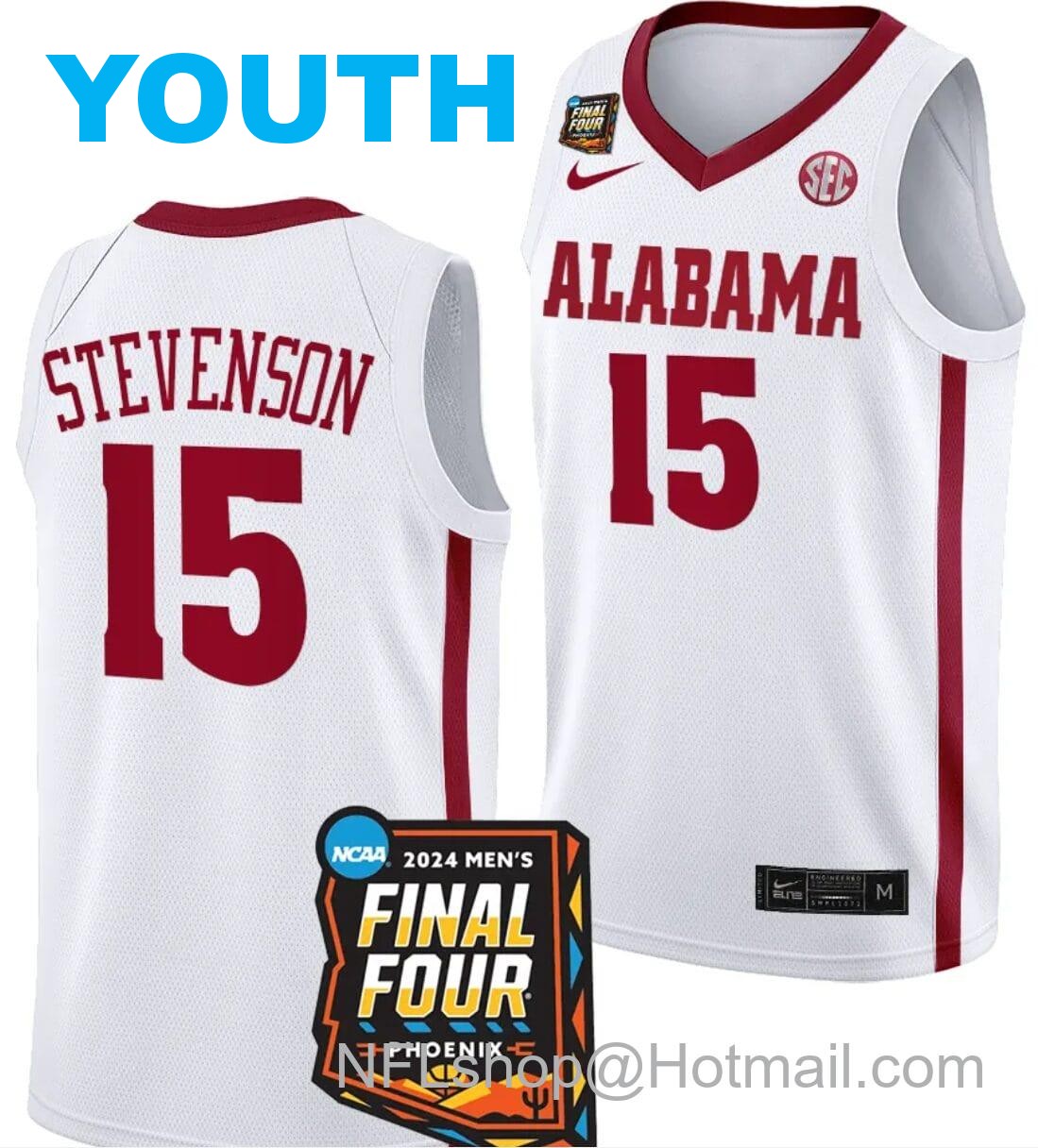 Nike Youth Jarin Stevenson Jersey #15 Alabama Crimson Tide 2024 NCAA March Madness Final Four Basketball White