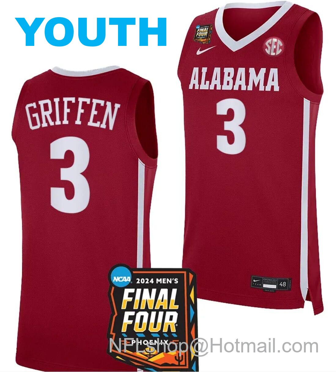 Nike Youth Rylan Griffen Jersey #3 Alabama Crimson Tide 2024 NCAA March Madness Final Four Basketball Crimson