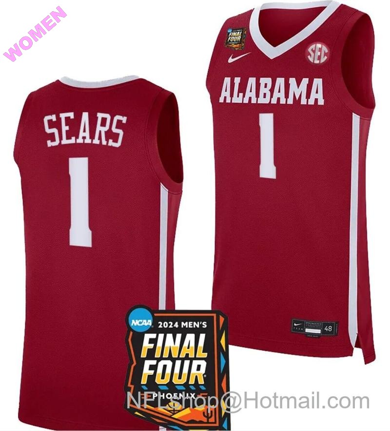 Women's Nike Mark Sears Jersey #1 Alabama Crimson Tide 2024 NCAA March Madness Final Four Basketball Crimson