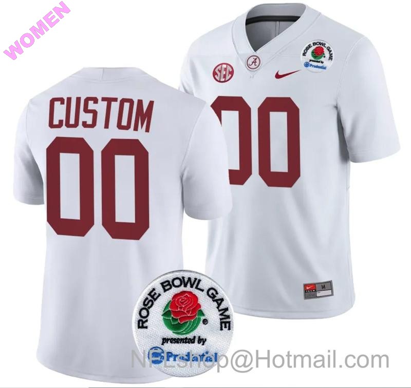 Women's Nike Custom Alabama Crimson Tide Jersey Name and Number Rose Bowl Game 2024 Patch College Football Playoff White