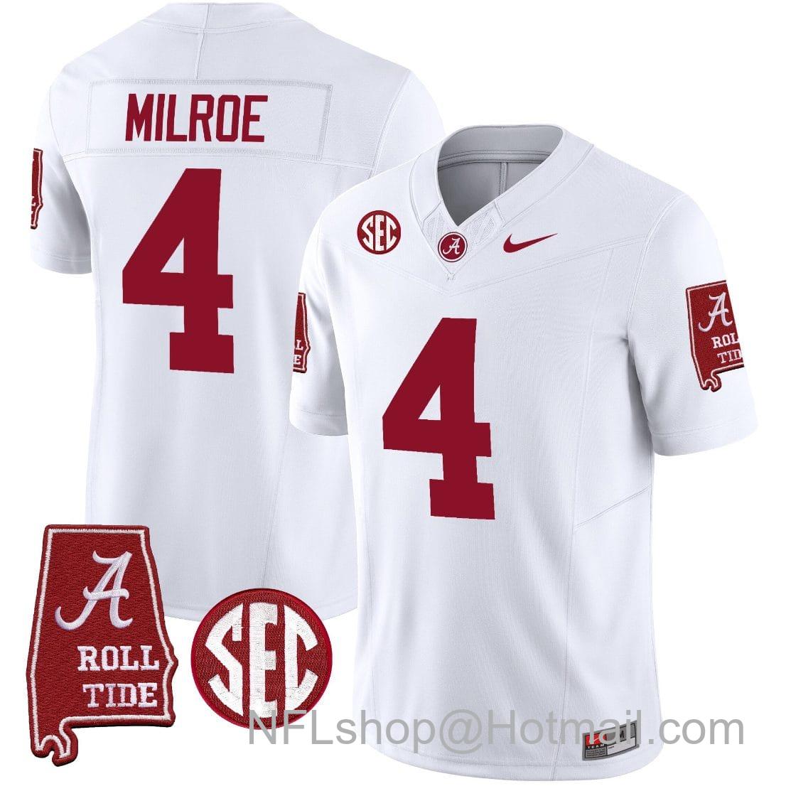 Men's Nike Jalen Milroe Jersey #4 Alabama Crimson Tide Vapor Limited Football Alabama Map White