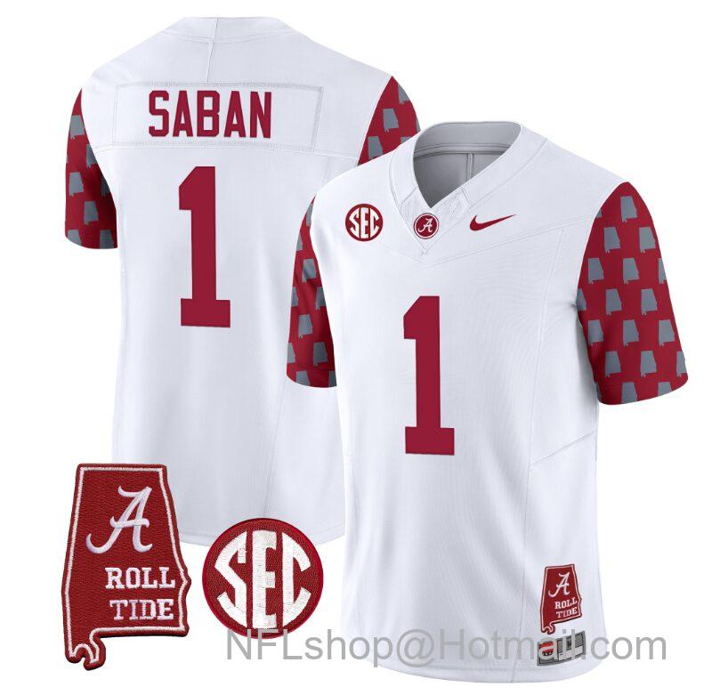 Men's Nike Nick Saban Jersey #1 Alabama Crimson Tide Vapor College Football Limited Stitched Crimson Sleeves