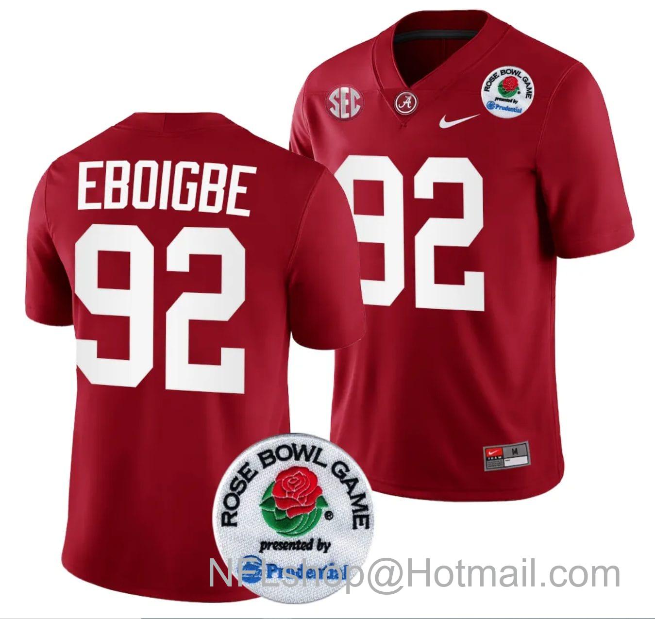 Men's Nike Justin Eboigbe Jersey #92 Alabama Crimson Tide Rose Bowl Game 2024 Patch College Football Playoff Crimson