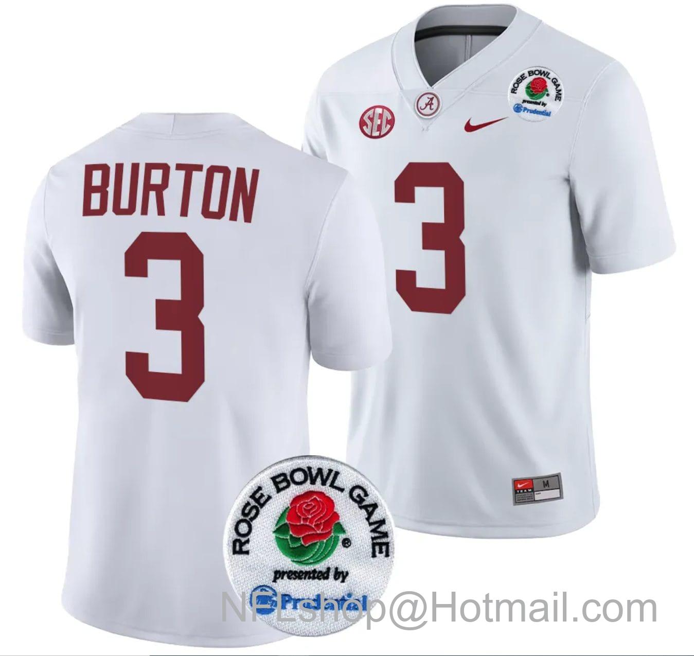 Men's Nike Jermaine Burton Jersey #3 Alabama Crimson Tide Rose Bowl Game 2024 Patch College Football Playoff White