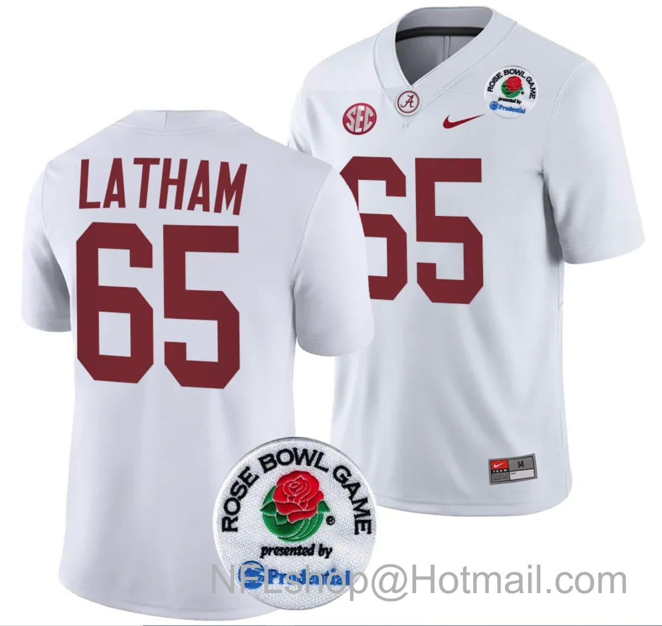 Men's Nike JC Latham Jersey #65 Alabama Crimson Tide Rose Bowl Game 2024 Patch College Football Playoff White