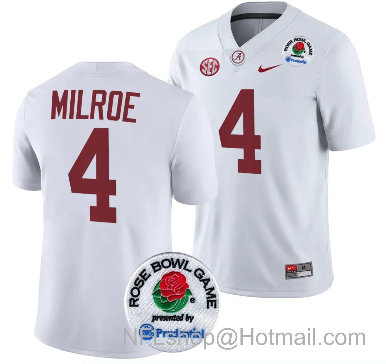 Men's Nike Jalen Milroe Jersey #4 Alabama Crimson Tide Rose Bowl Game 2024 Patch College Football Playoff White