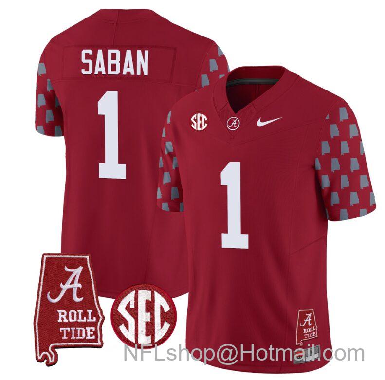 Men's Nike Nick Saban Jersey #1 Alabama Crimson Tide Vapor College Football Limited Stitched Crimson