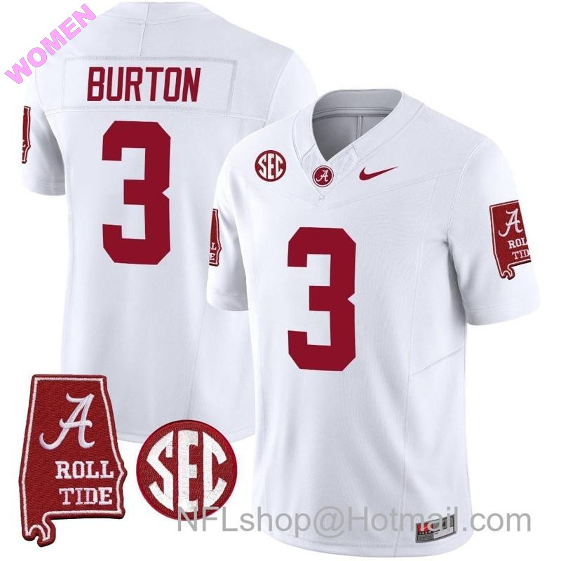 Women's Nike Jermaine Burton Jersey #3 Alabama Crimson Tide Vapor Limited Football Alabama Map White