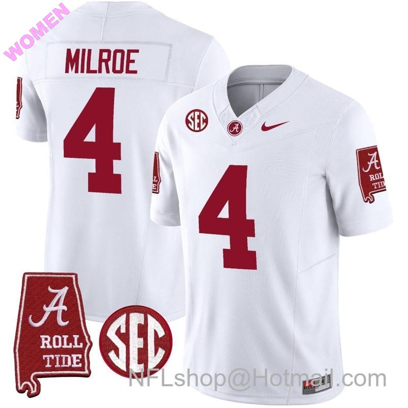 Women's Nike Jalen Milroe Jersey #4 Alabama Crimson Tide Vapor Limited Football Alabama Map White