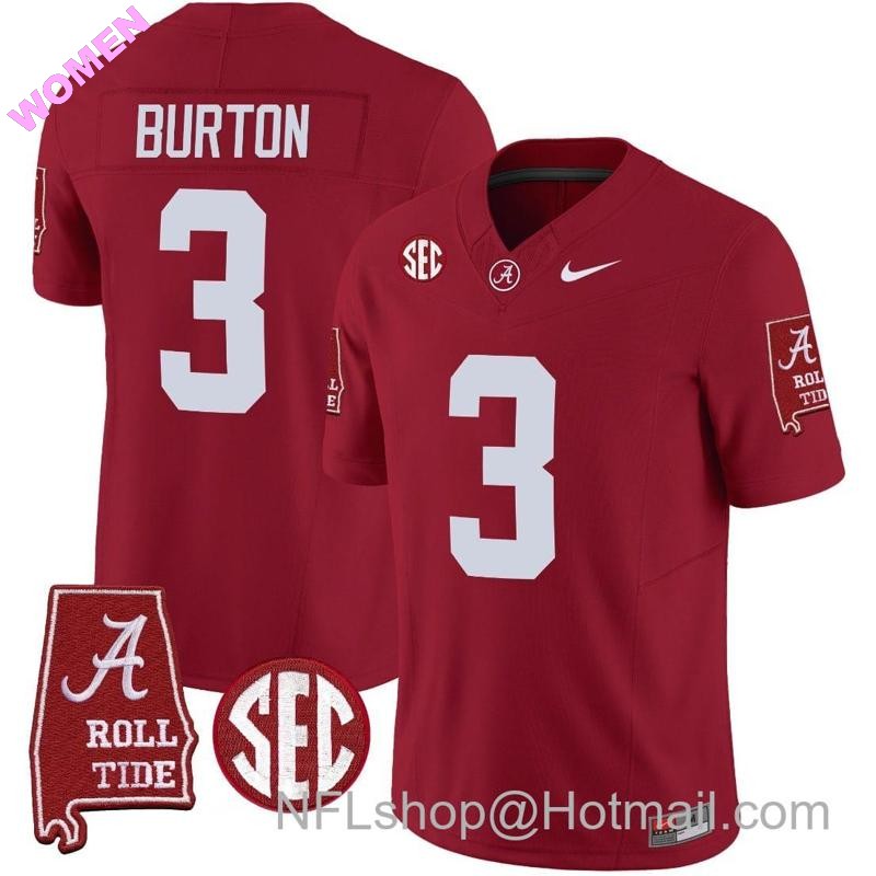 Women's Nike Jermaine Burton Jersey #3 Alabama Crimson Tide Vapor Limited Football Alabama Map Crimson