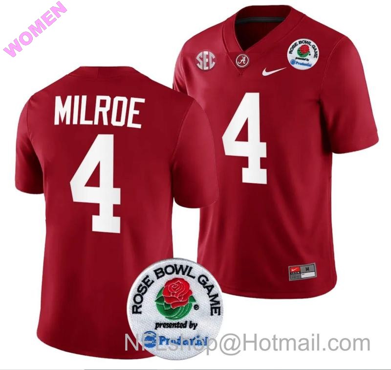 Women's Nike Jalen Milroe Jersey #4 Alabama Crimson Tide Rose Bowl Game 2024 Patch College Football Playoff Crimson