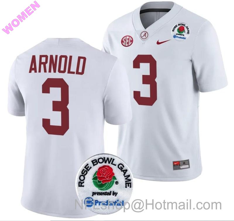 Women's Nike Terrion Arnold Jersey #3 Alabama Crimson Tide Rose Bowl Game 2024 Patch College Football Playoff White