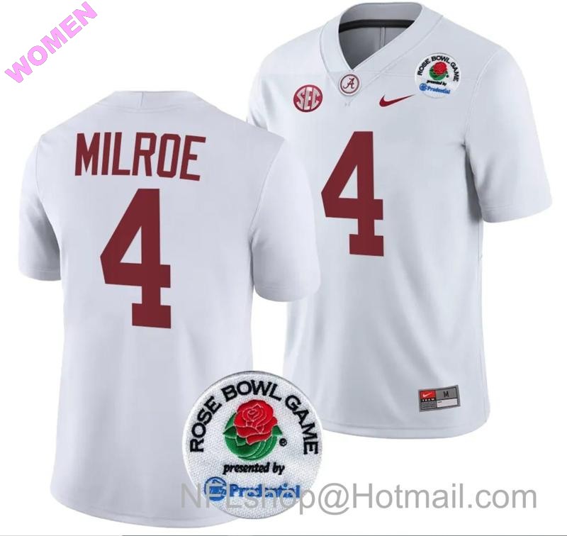 Women's Nike Jalen Milroe Jersey #4 Alabama Crimson Tide Rose Bowl Game 2024 Patch College Football Playoff White