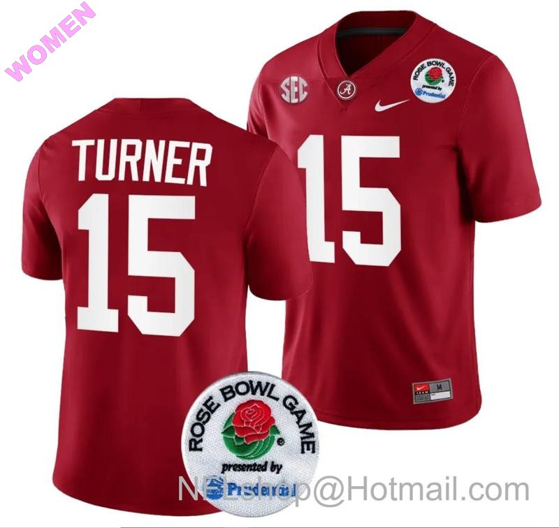 Women's Nike Dallas Turner Jersey #15 Alabama Crimson Tide Rose Bowl Game 2024 Patch College Football Playoff Crimson