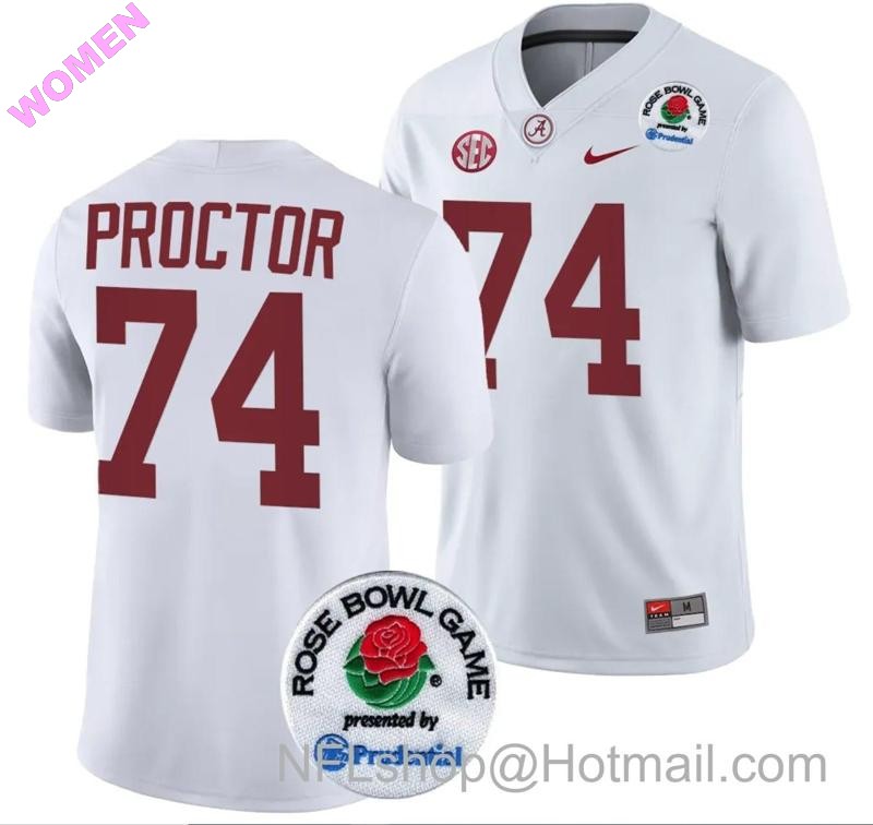 Women's Nike Kadyn Proctor Jersey #74 Alabama Crimson Tide Rose Bowl Game 2024 Patch College Football Playoff White