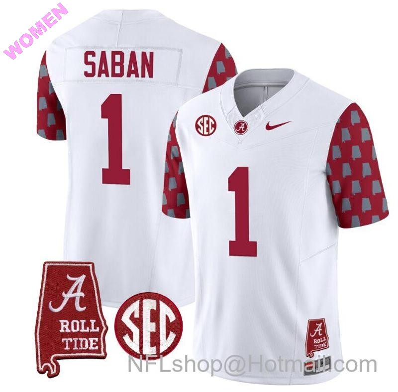 Women's Nike Nick Saban Jersey #1 Alabama Crimson Tide Vapor College Football Limited Stitched Crimson Sleeves