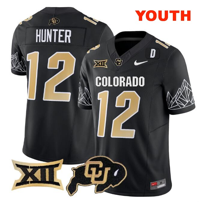 Youth Colorado Buffaloes #12 Travis Hunter Black 2024 F.U.S.E. With Big 12 XII Patch Stitched Football Jersey