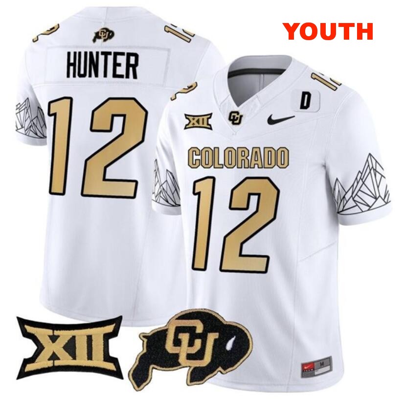 Youth Colorado Buffaloes #12 Travis Hunter White 2024 F.U.S.E. With Big 12 XII Patch Stitched Football Jersey