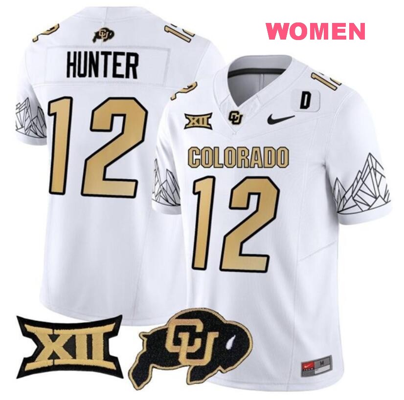 Women Colorado Buffaloes #12 Travis Hunter White 2024 F.U.S.E. With Big 12 XII Patch Stitched Football Jersey