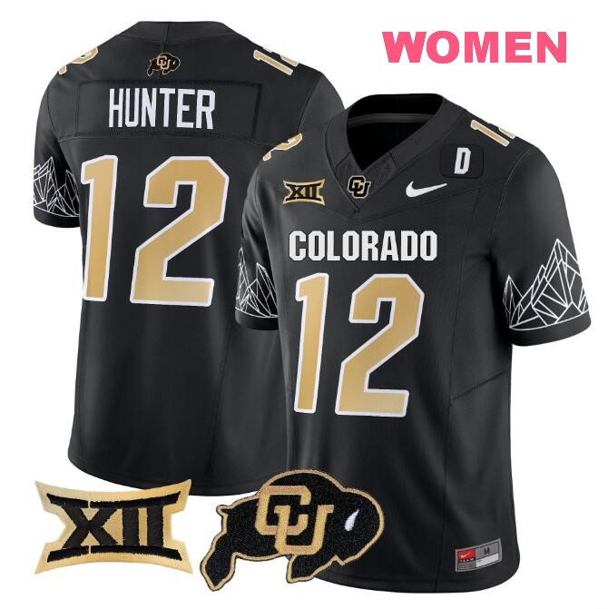 Women Colorado Buffaloes #12 Travis Hunter Black 2024 F.U.S.E. With Big 12 XII Patch Stitched Football Jersey