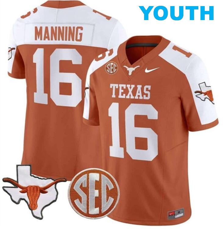 Youth Texas Longhorns #16 Peyton Manning Orange_White Map & SEC Patch F.U.S.E. Stitched Jersey